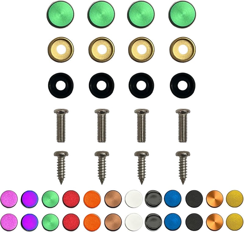 NAROWAN Color: Green - License Plate Screws - Stainless Steel, Set of 4 Fasteners - for Front or Rear License Plates, Frames or Covers on Car, Truck, SUVs - Rustproof, Self Tapping and M6 Screws Aluminum caps - Image 1